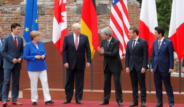 Donald Tusk, Justin Trudeau, Angela Merkel, Donald Trump, Paolo Gentiloni, Emmanuel Macron, y Shinzo Abe. Donald Tusk, Justin Trudeau, Angela Merkel, Donald Trump, Paolo Gentiloni, Emmanuel Macron, y Shinzo Abe.