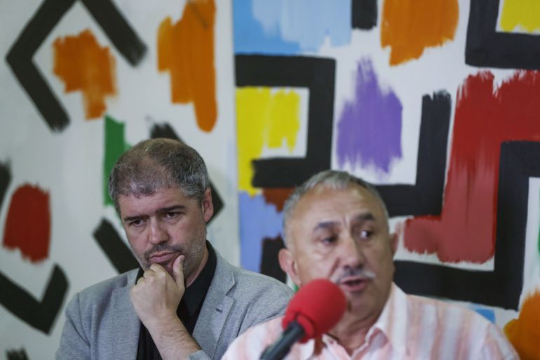 El secretario general de CCOO, Unai Sordo (i) y su homólogo en la UGT, Pepe Álvarez durante una rueda de prensa la semana pasada El secretario general de CCOO, Unai Sordo (i) y su homólogo en la UGT, Pepe Álvarez durante una rueda de prensa la semana pasada