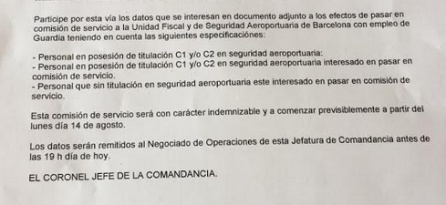 La Guardia Civil busca voluntarios con o "sin titulación aeroportuaria" para controlar la huelga de El Prat La Guardia Civil busca voluntarios con o "sin titulación aeroportuaria" para controlar la huelga de El Prat