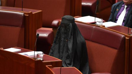 La Senadora ultraconservadora Pauline Hanson con un velo islámico integral en la cámara del Senado en el Parlamento australiano para denunciar su uso. La Senadora ultraconservadora Pauline Hanson con un velo islámico integral en la cámara del Senado en el Parlamento australiano para denunciar su uso.