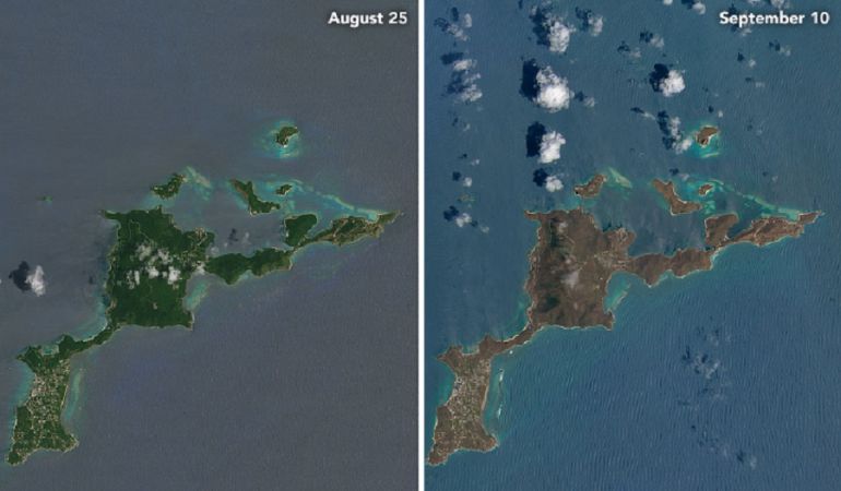 La isla Virgen Gorda el 25 de agosto (izquierda) y el 10 de septiembre (derecha). La isla Virgen Gorda el 25 de agosto (izquierda) y el 10 de septiembre (derecha).
