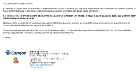 El personal de Correos no admitirá envíos sobre la consulta del 1-O en Cataluña El personal de Correos no admitirá envíos sobre la consulta del 1-O en Cataluña