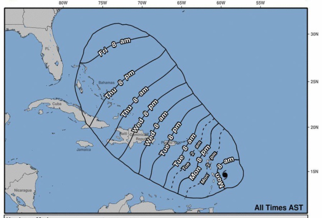 Representación artística que muestra la posible trayectoria del huracán María en el Océano Atlántico Representación artística que muestra la posible trayectoria del huracán María en el Océano Atlántico