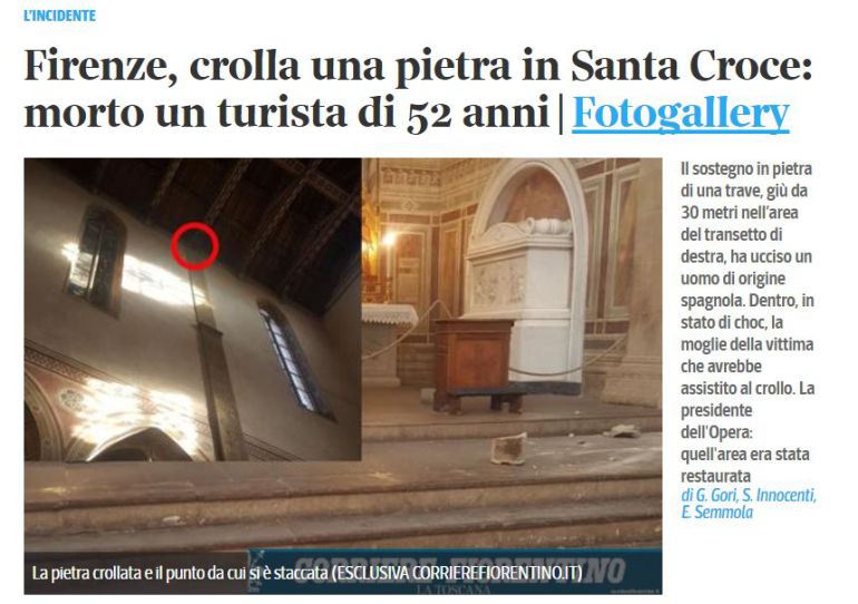 Captura de pantalla de la web de Corriere Fiorentino con la piedra desprendida Captura de pantalla de la web de Corriere Fiorentino con la piedra desprendida