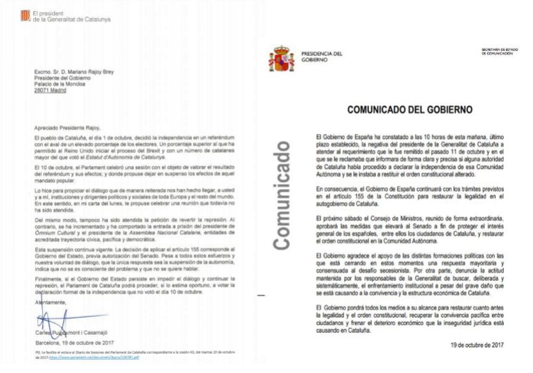 A la izquierda, la carta de Puigdemont; a la derecha, el comunicado del Gobierno. A la izquierda, la carta de Puigdemont; a la derecha, el comunicado del Gobierno.