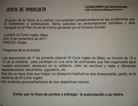 La carta del CEIP Andalicía anunciando la excursión a El Corte Inglés. La carta del CEIP Andalicía anunciando la excursión a El Corte Inglés.