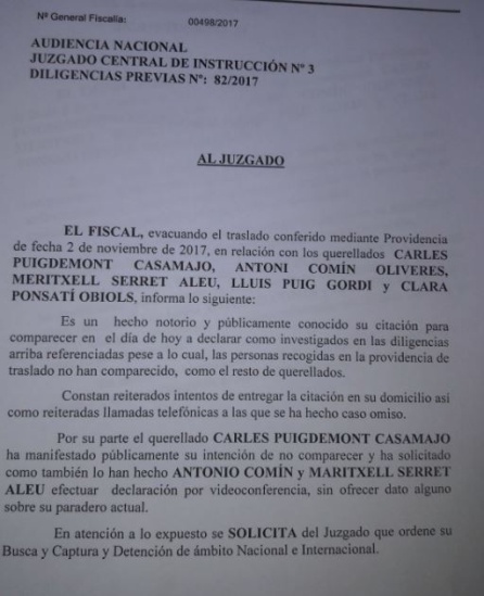 Petición de orden de búsqueda internacional de la Fiscalía para Puigdemont y cuatro exconsellers. Petición de orden de búsqueda internacional de la Fiscalía para Puigdemont y cuatro exconsellers.