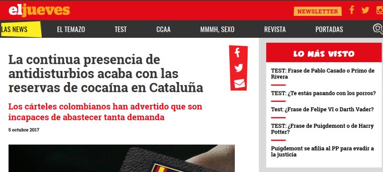 Captura de pantalla con la información publicada por la revista satírica de 'El Jueves'. Captura de pantalla con la información publicada por la revista satírica de 'El Jueves'.