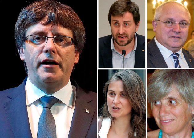De izquierda a derecha y de arriba a abajo: el expresidente del Gobierno catalán Carles Puigdemont (i) ,el exconsejero de Salud Antoni Comin, el de Cultura Lluís Puig , de Agricultura Meritxell Serret , y de Enseñanza, Clara Ponsatí. De izquierda a derecha y de arriba a abajo: el expresidente del Gobierno catalán Carles Puigdemont (i) ,el exconsejero de Salud Antoni Comin, el de Cultura Lluís Puig , de Agricultura Meritxell Serret , y de Enseñanza, Clara Ponsatí.