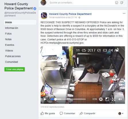 La policía de Howard advierte del suceso y ofrece una recompensa al que le diga quién es. La policía de Howard advierte del suceso y ofrece una recompensa al que le diga quién es.