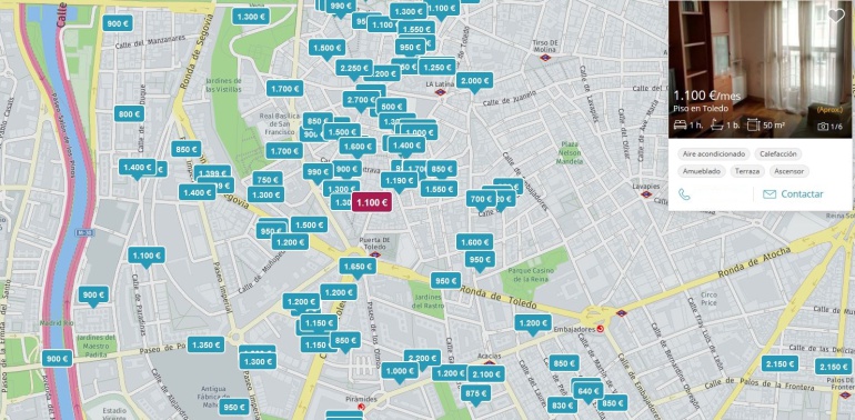 Mapa de un barrio de Madrid con los pisos disponibles en alquiler Mapa de un barrio de Madrid con los pisos disponibles en alquiler