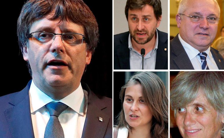 De izquierda a derecha y de arriba a abajo: el expresidente del Gobierno catalán Carles Puigdemont ,el exconsejero de Salud Antoni Comin, el de Cultura Lluís Puig , de Agricultura Meritxell Serret , y de Enseñanza, Clara Ponsatí. De izquierda a derecha y de arriba a abajo: el expresidente del Gobierno catalán Carles Puigdemont ,el exconsejero de Salud Antoni Comin, el de Cultura Lluís Puig , de Agricultura Meritxell Serret , y de Enseñanza, Clara Ponsatí.