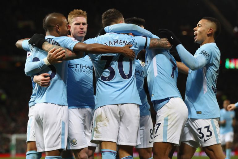 Los jugadores del Manchester United celebran el segunfo gol de Otamendi. Los jugadores del Manchester United celebran el segunfo gol de Otamendi.