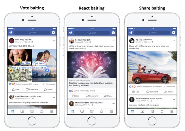 Facebook muestra algunos de los contenidos que comenzará a penalizar. Facebook muestra algunos de los contenidos que comenzará a penalizar.