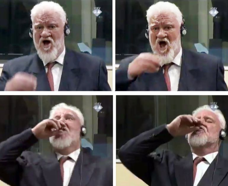 El general bosnio croata Slobodan Praljak en el momento de ingenir el veneno en el tribunal penal internacional para la antigua Yugoslavia El general bosnio croata Slobodan Praljak en el momento de ingenir el veneno en el tribunal penal internacional para la antigua Yugoslavia
