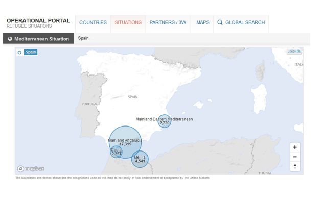 Mapa de datos de ACNUR sobre la llegada de migrantes y refugiados a la frontera sur española Mapa de datos de ACNUR sobre la llegada de migrantes y refugiados a la frontera sur española