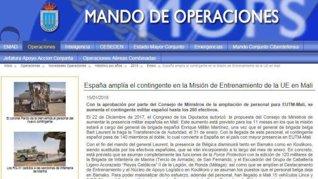 Captura de pantalla del anuncio del Mando de Operaciones de ampliar el contingente de Malí Captura de pantalla del anuncio del Mando de Operaciones de ampliar el contingente de Malí