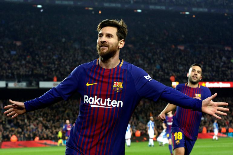 Leo Messi celebran su gol frente al RCD Espanyol. Leo Messi celebran su gol frente al RCD Espanyol.