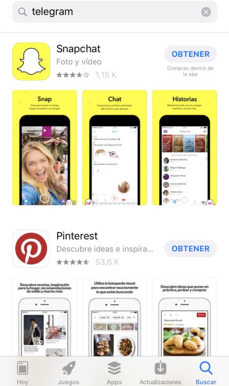 Resultados en la App Store tras buscar la aplicación 'Telegram'. Resultados en la App Store tras buscar la aplicación 'Telegram'.