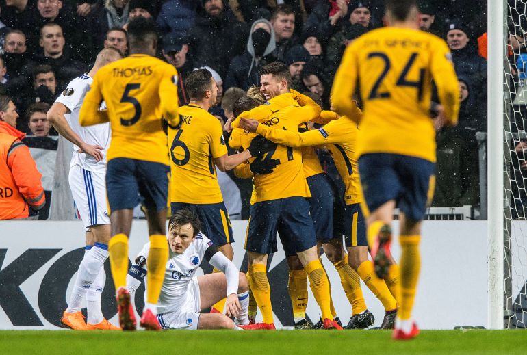 Los jugadores del Atlético de Madrid celebran el primer gol ante el Copenhague. Los jugadores del Atlético de Madrid celebran el primer gol ante el Copenhague.