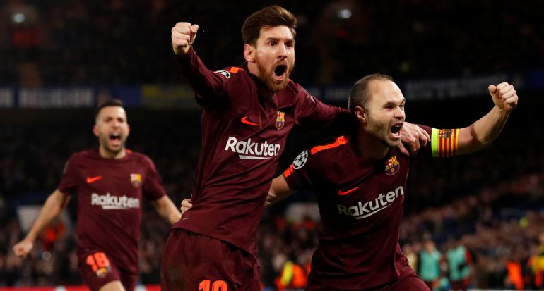 Messi e Iniesta celebran el gol del argentino ante el Chelsea (1-1). Messi e Iniesta celebran el gol del argentino ante el Chelsea (1-1).