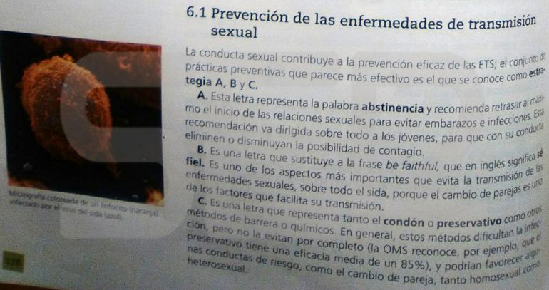 Un libro de Biología para alumnos de 14 años recomienda "abstinencia y fidelidad" contra enfermedades de transmisión sexual Un libro de Biología para alumnos de 14 años recomienda "abstinencia y fidelidad" contra enfermedades de transmisión sexual