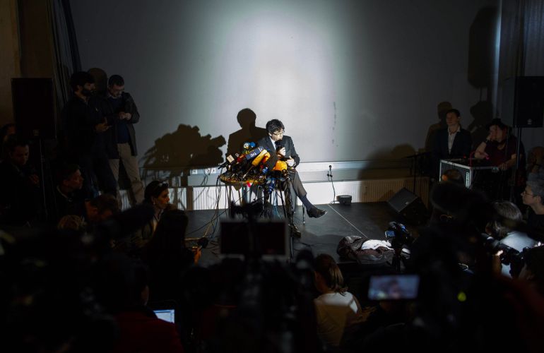 Carles Puigdemont, durante su rueda de prensa en Berlín. Carles Puigdemont, durante su rueda de prensa en Berlín.
