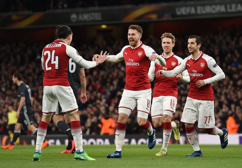 aron Ramsey del Arsenal celebra un gol ante CSKA hoy, jueves 5 de abril de 2018, durante un juego de los cuartos de final de la Liga Europa entre Arsenal FC y CSKA Moscú en London (R.Unido). aron Ramsey del Arsenal celebra un gol ante CSKA hoy, jueves 5 de abril de 2018, durante un juego de los cuartos de final de la Liga Europa entre Arsenal FC y CSKA Moscú en London (R.Unido).