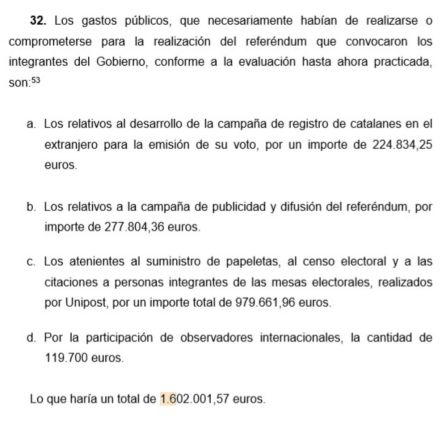 Fragmento del auto en el que Llarena cuantifica la malversación Fragmento del auto en el que Llarena cuantifica la malversación