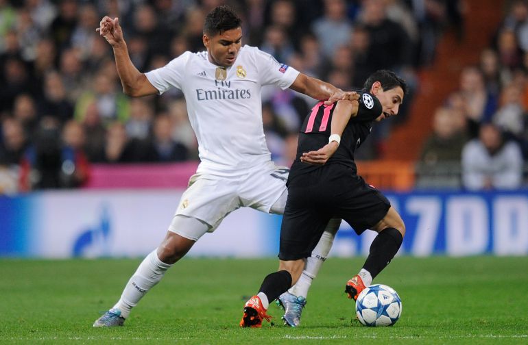Ángel di María, frente a Casemiro en el partido del Bernabéu entre el Real Madrid y el PSG. Ángel di María, frente a Casemiro en el partido del Bernabéu entre el Real Madrid y el PSG.