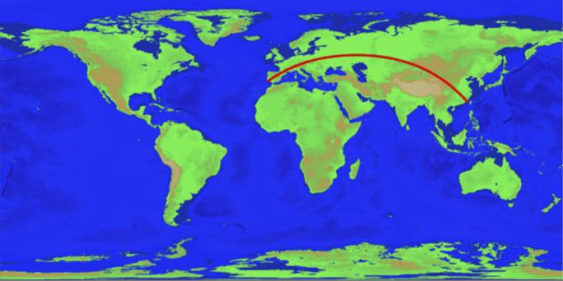 El algoritmo muestra el camino en línea recta más largo por Tierra. El algoritmo muestra el camino en línea recta más largo por Tierra.