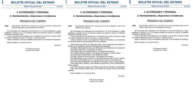 Los tres decretos publicados este sábado: el nombramiento de Sánchez y el cese de Rajoy y sus ministros. Los tres decretos publicados este sábado: el nombramiento de Sánchez y el cese de Rajoy y sus ministros.
