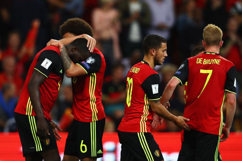 Romelu Lukaku, Marouane Fellaini, Eden Hazard y Kevin de Bruyne celebran un gol de la selección belga. Romelu Lukaku, Marouane Fellaini, Eden Hazard y Kevin de Bruyne celebran un gol de la selección belga.