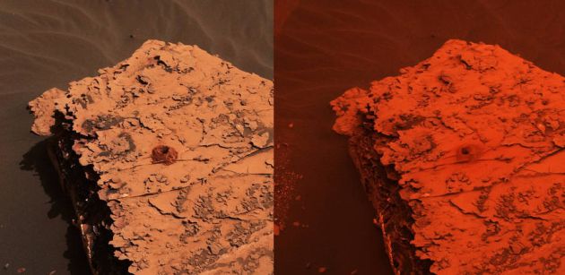 A la izquierda, una foto tomada por Curiosity el pasado mes de mayo. A la derecha, una foto tomada durante la tormenta. A la izquierda, una foto tomada por Curiosity el pasado mes de mayo. A la derecha, una foto tomada durante la tormenta.