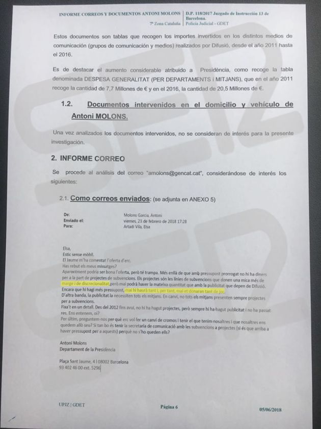 El correo que envió Antoni Molons a la actual consejera de Presidencia, Elsa Artadi (pulsa sobre la imagen para ampliar) El correo que envió Antoni Molons a la actual consejera de Presidencia, Elsa Artadi (pulsa sobre la imagen para ampliar)
