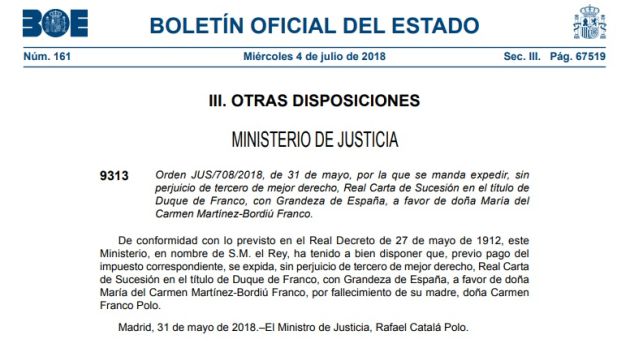 Concesión del título de Duque de Franco con Grandeza de España Concesión del título de Duque de Franco con Grandeza de España