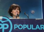 La exvicepresidenta del Gobierno Soraya Sáenz de Santamaría, que ha ganado la primera vuelta de las primarias del Partido Popular, durante la rueda de prensa ofrecida esta noche en la sede de Génova, en Madrid, para valorar los resultados de la votación