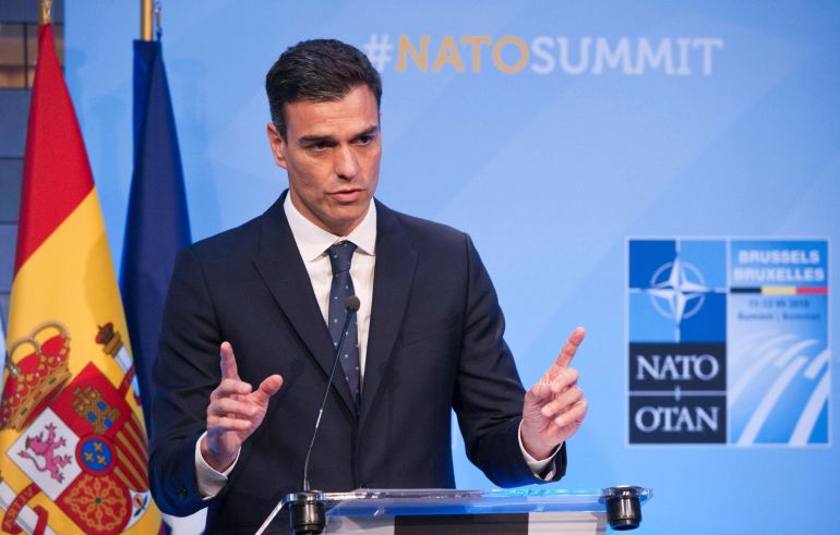 El jefe del Gobierno español, Pedro Sánchez, durante la rueda de prensa que ofreció en la cumbre de la OTAN El jefe del Gobierno español, Pedro Sánchez, durante la rueda de prensa que ofreció en la cumbre de la OTAN