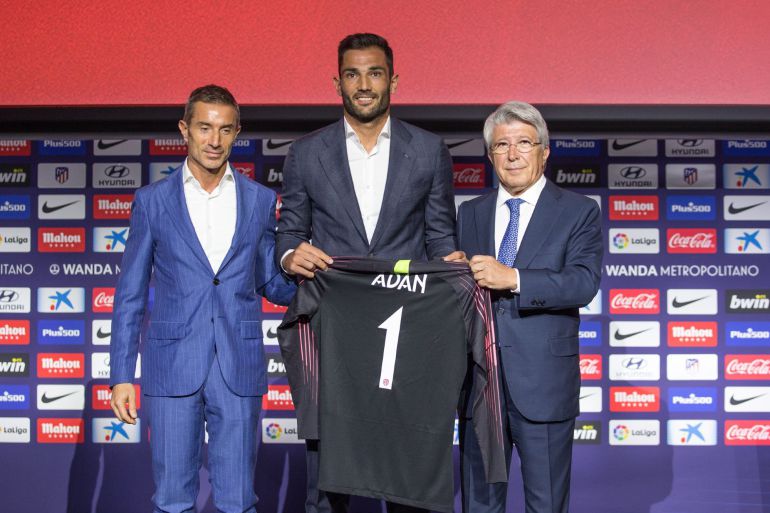 Cerezo y Adán en la presentación del guardameta con el Atleti Cerezo y Adán en la presentación del guardameta con el Atleti