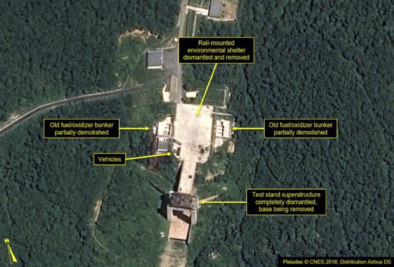 Imagen satelital del 22 de julio de 2018, cedida por Airbus Defence and Space y 38 North. muestra las instalaciones clave que presuntamente se desmantelaron en la Estación de Lanzamiento de Satélites Sohae, en la Provincia de Pyongan Norte, Corea del Norte Imagen satelital del 22 de julio de 2018, cedida por Airbus Defence and Space y 38 North. muestra las instalaciones clave que presuntamente se desmantelaron en la Estación de Lanzamiento de Satélites Sohae, en la Provincia de Pyongan Norte, Corea del Norte