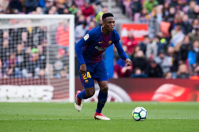 Yerry Mina, durante un partido con el Barcelona Yerry Mina, durante un partido con el Barcelona