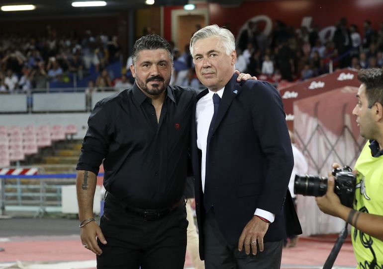 Ancelotti y Gattuso en una de las fotos que ha dejado esta jornada, despues de que se enfrentaran en el Napoli-Milan Ancelotti y Gattuso en una de las fotos que ha dejado esta jornada, despues de que se enfrentaran en el Napoli-Milan