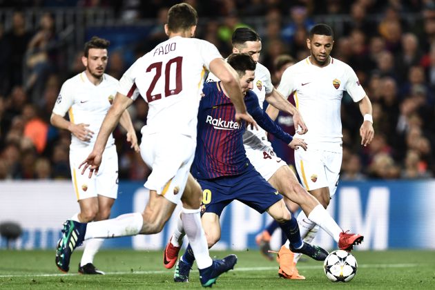 Messi en el partido de ida contra la Roma en el Camp Nou la temporada pasada en la Champions