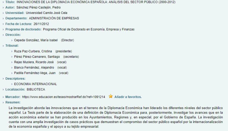 Captura de la pantalla con la ficha técnica de la tesis de Pedro Sánchez. Captura de la pantalla con la ficha técnica de la tesis de Pedro Sánchez.