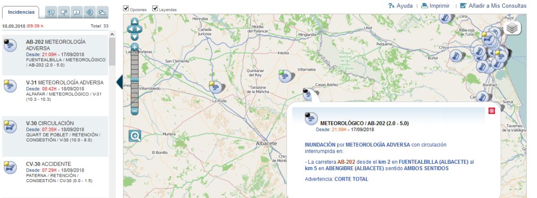 Web de Tráfico informando del mapa de carreteras en la provincia Web de Tráfico informando del mapa de carreteras en la provincia