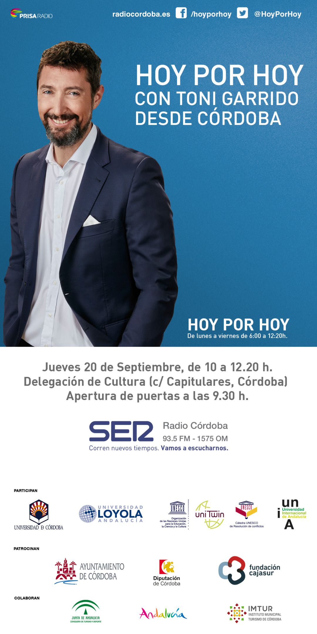 Ven a la emisión de Hoy por Hoy, este jueves, con Toni Garrido desde la delegación de Cultura de la Junta de Andalucía. Ven a la emisión de Hoy por Hoy, este jueves, con Toni Garrido desde la delegación de Cultura de la Junta de Andalucía.