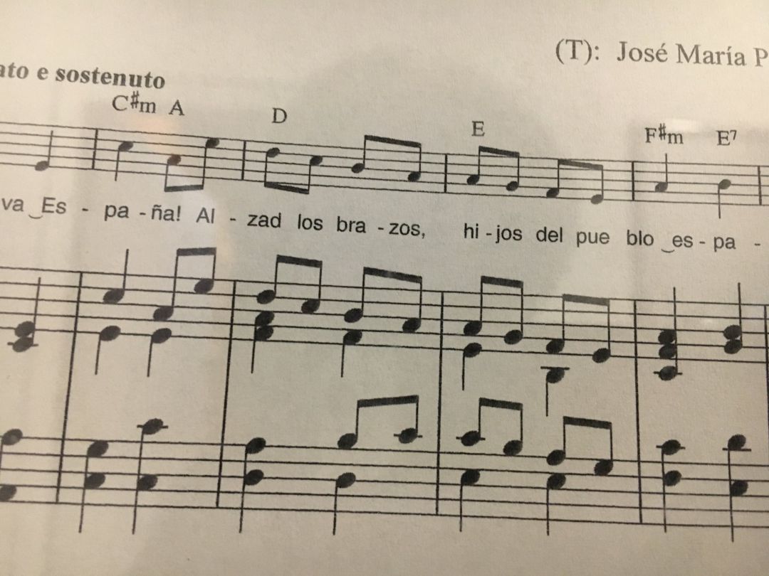 Partitura con el himno franquista en la escuela de música de Salzburgo Partitura con el himno franquista en la escuela de música de Salzburgo