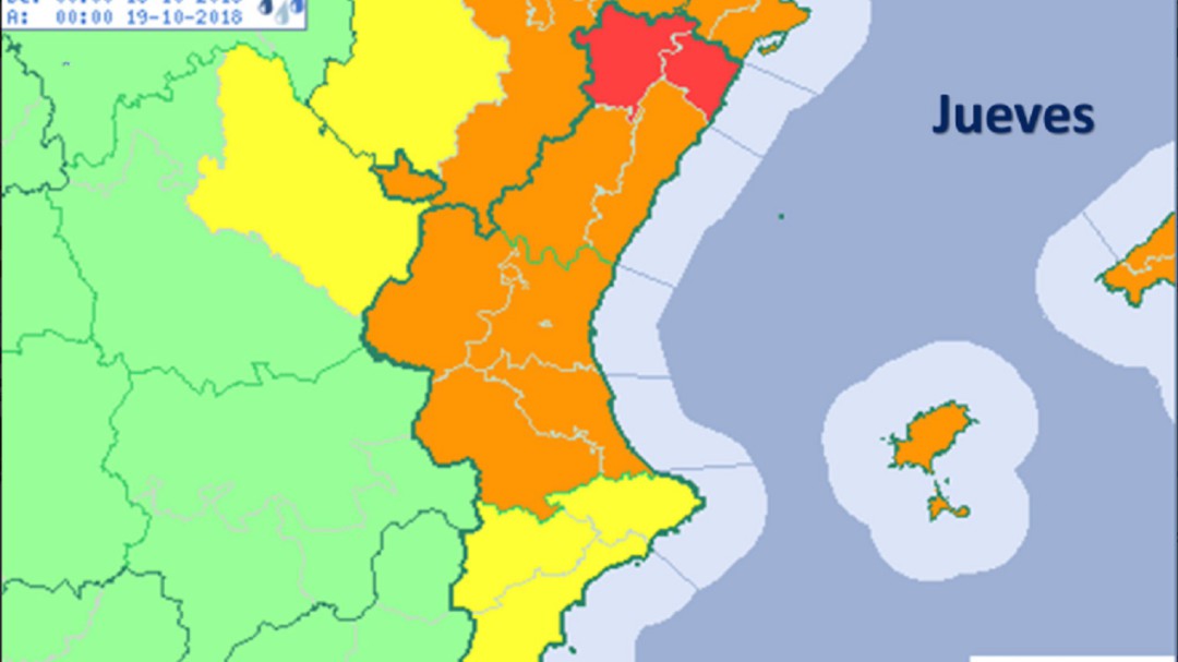 Aemet activa la alerta roja en el norte de Castellón y naranja en Valencia por lluvias que podrían superar los 180 l/m<sup>2</sup>