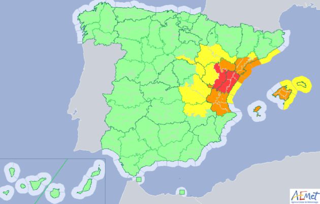 El este de Teruel y Castellón son las provincias en alerta roja este viernes. El este de Teruel y Castellón son las provincias en alerta roja este viernes.