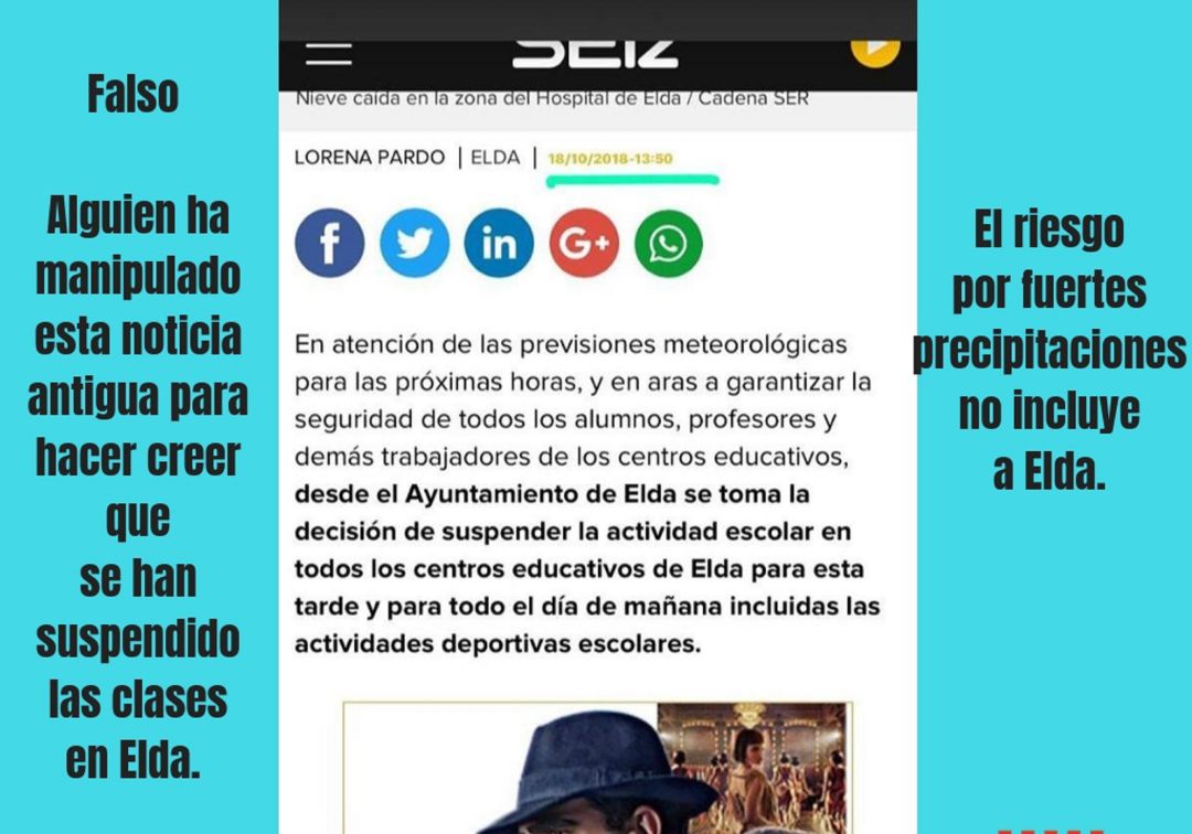 Elda alerta de la aparición de una noticia falsa sobre la suspensión de las clases